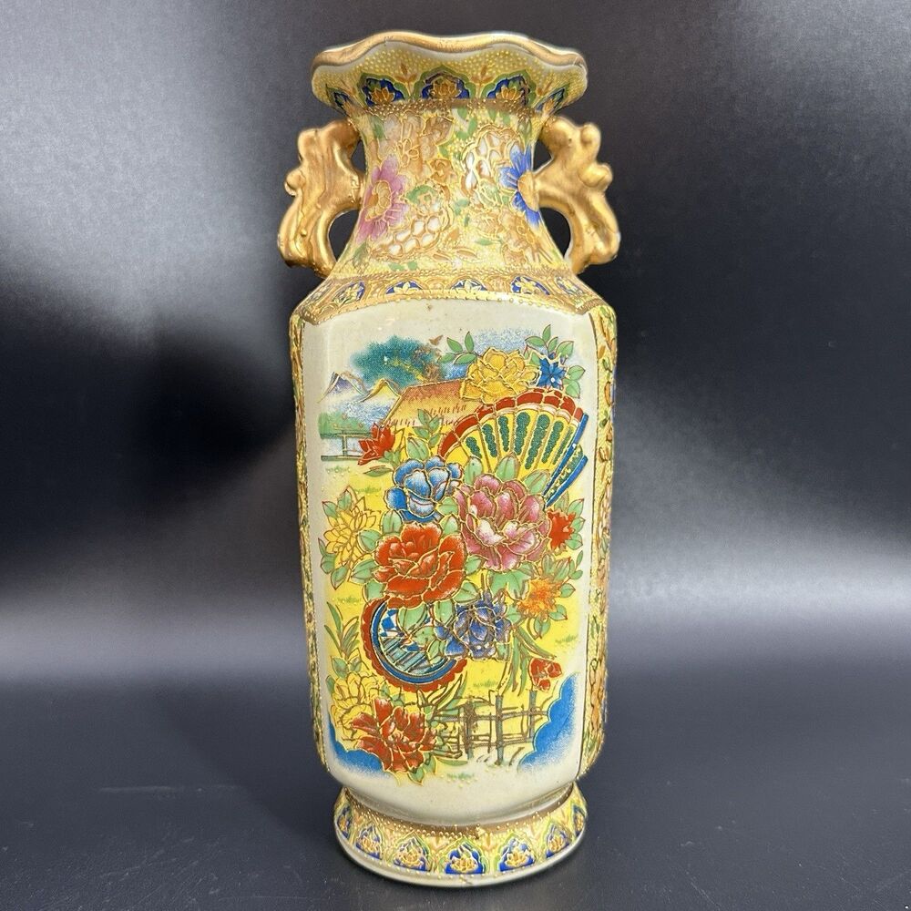 Vintage Satsuma Style Hexagonal Moriage Porcelain Vase Chinoiserie Gilt Handles